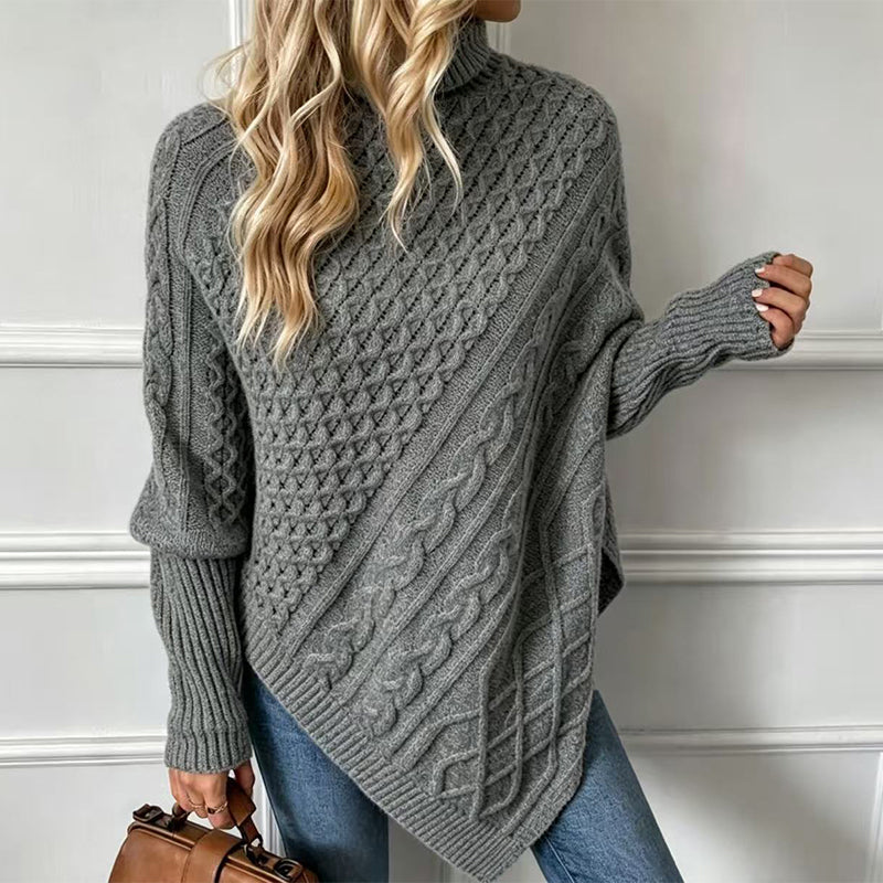 Asymmetrische Kabelgebreide Poncho-Trui met Col-10