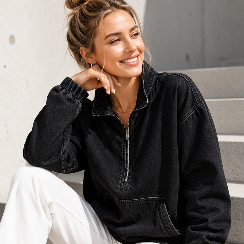 Oversized Denim Pullover met Halve Rits-2