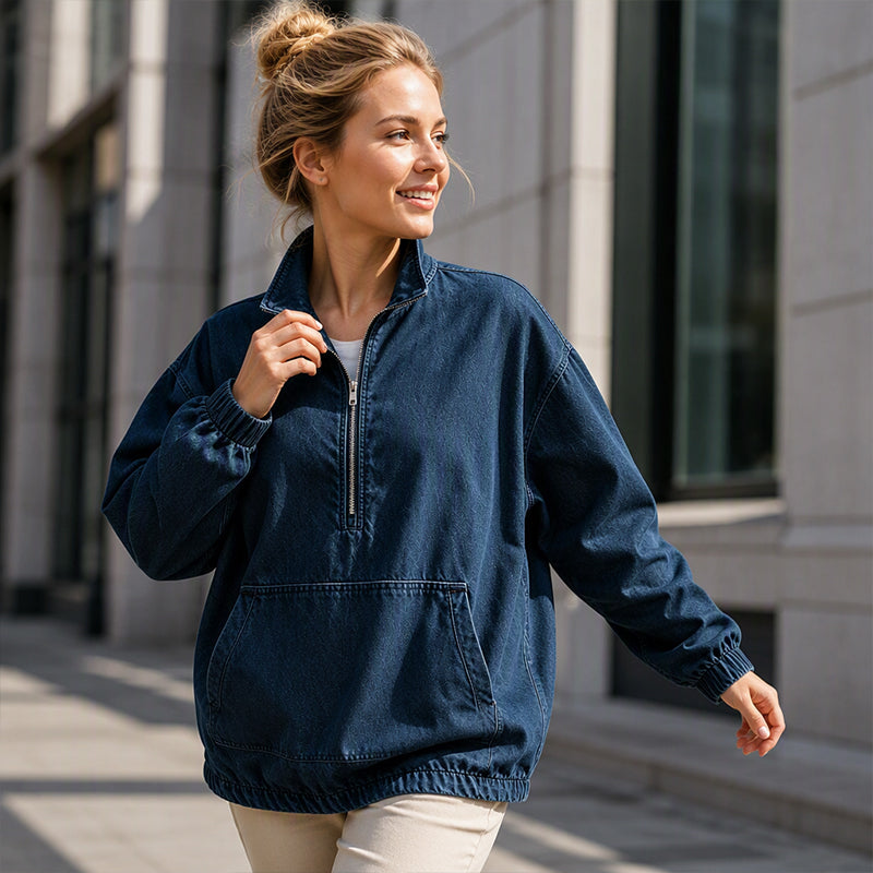 Oversized Denim Pullover met Halve Rits