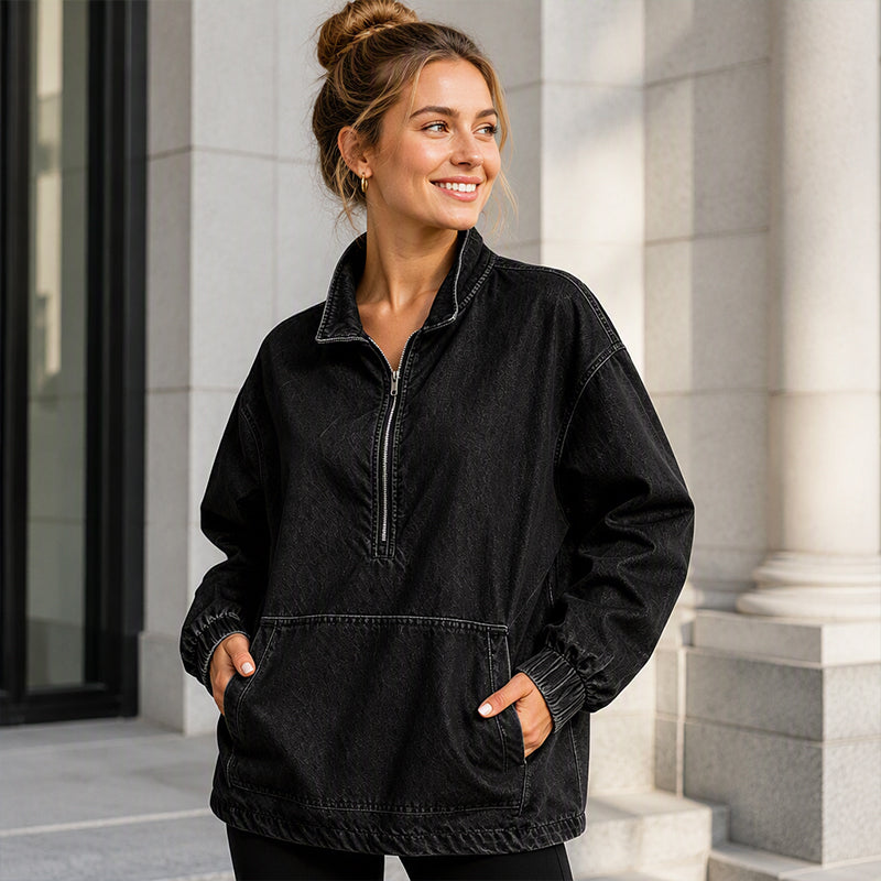Oversized Denim Pullover met Halve Rits-1