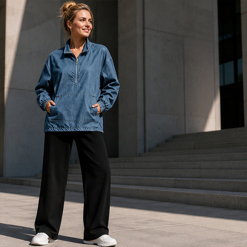 Oversized Denim Pullover met Halve Rits-3