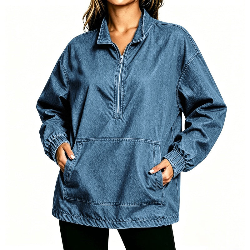 Oversized Denim Pullover met Halve Rits-12
