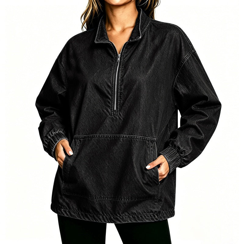 Oversized Denim Pullover met Halve Rits-11