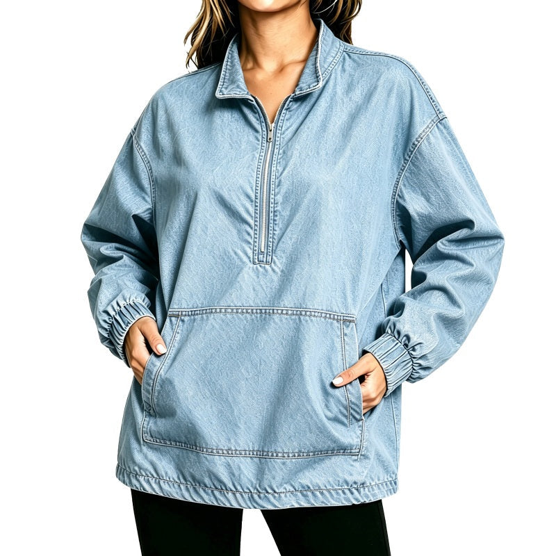 Oversized Denim Pullover met Halve Rits-10
