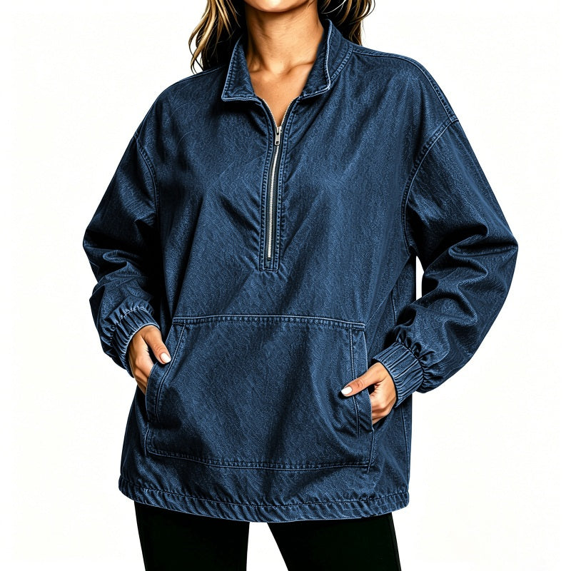Oversized Denim Pullover met Halve Rits-13