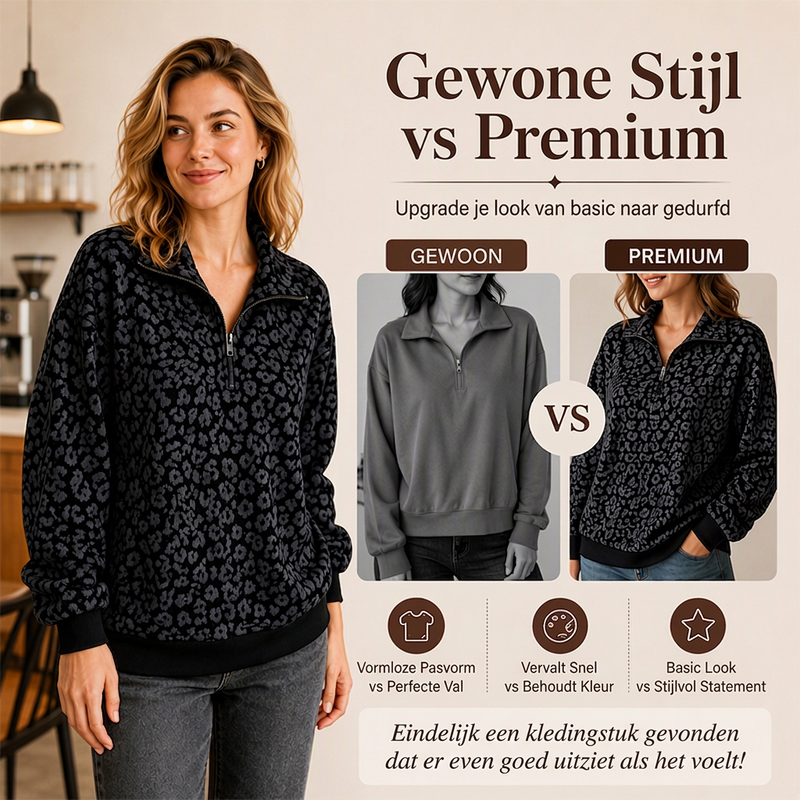 Luipaard Half-Zip Sweater met Opstaande Kraag-2