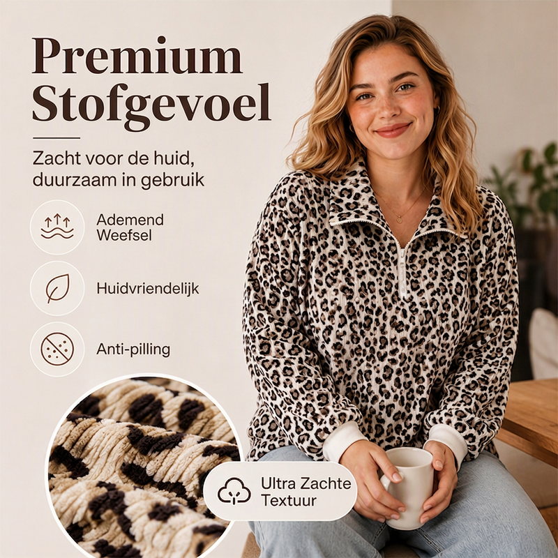 Luipaard Half-Zip Sweater met Opstaande Kraag-3