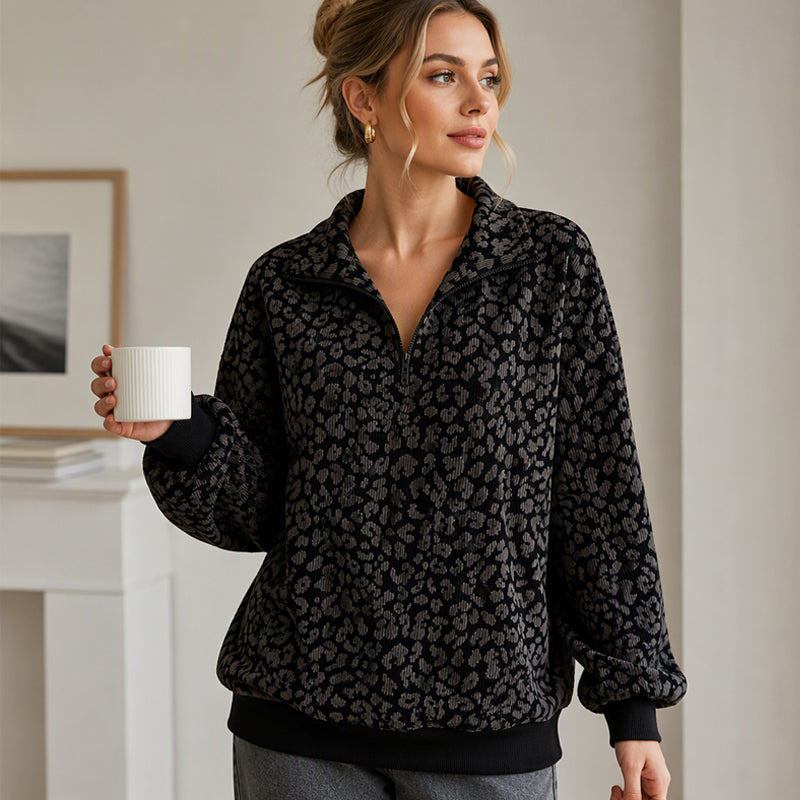 Luipaard Half-Zip Sweater met Opstaande Kraag-6