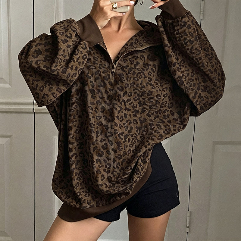 Luipaard Half-Zip Sweater met Opstaande Kraag-8