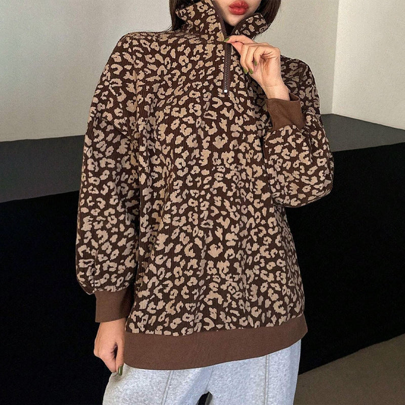 Luipaard Half-Zip Sweater met Opstaande Kraag-7