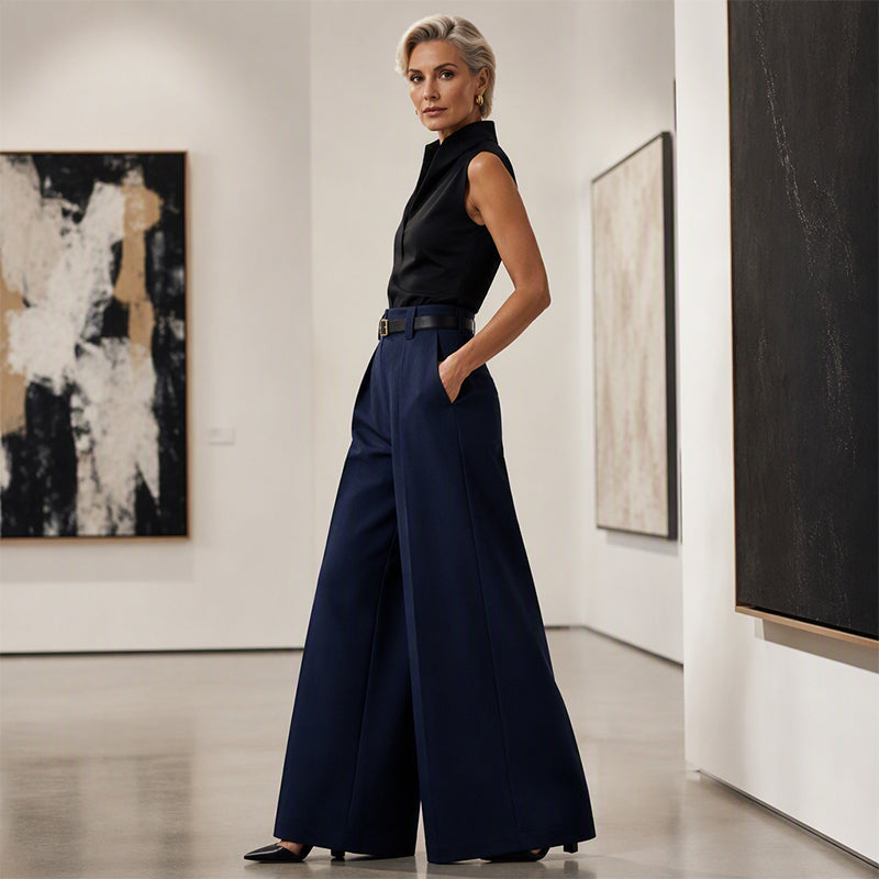Elegante High-Waist Pantalon met Wijde Pijpen en Plooien-5