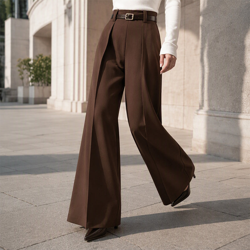 Elegante High-Waist Pantalon met Wijde Pijpen en Plooien-2