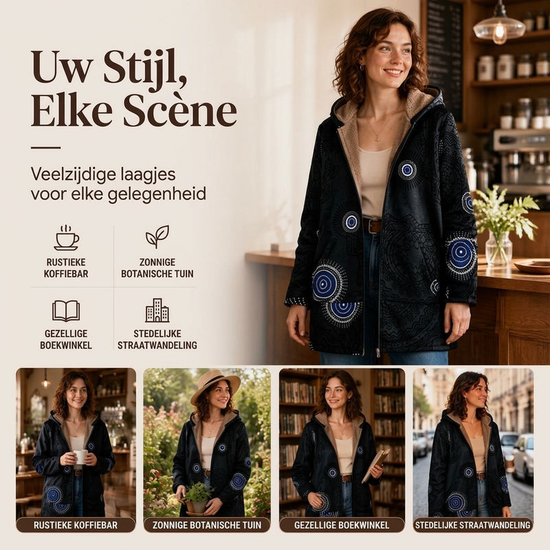 Lange Jas met Bloemenprint, Capuchon en Ritssluiting-4