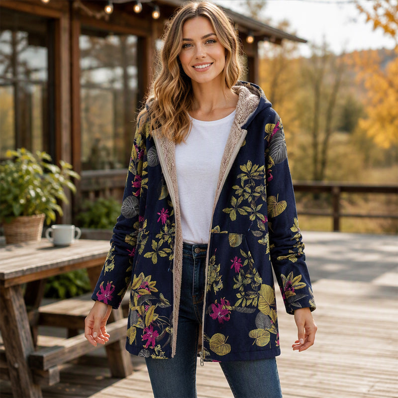 Lange Jas met Bloemenprint, Capuchon en Ritssluiting-6