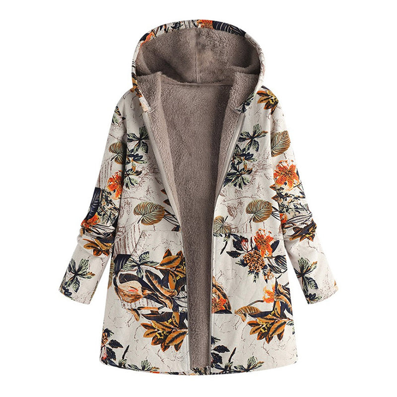 Lange Jas met Bloemenprint, Capuchon en Ritssluiting-16