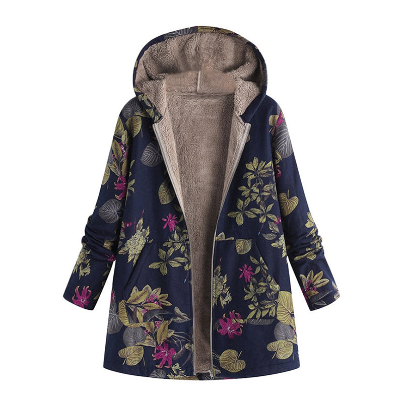 Lange Jas met Bloemenprint, Capuchon en Ritssluiting-14