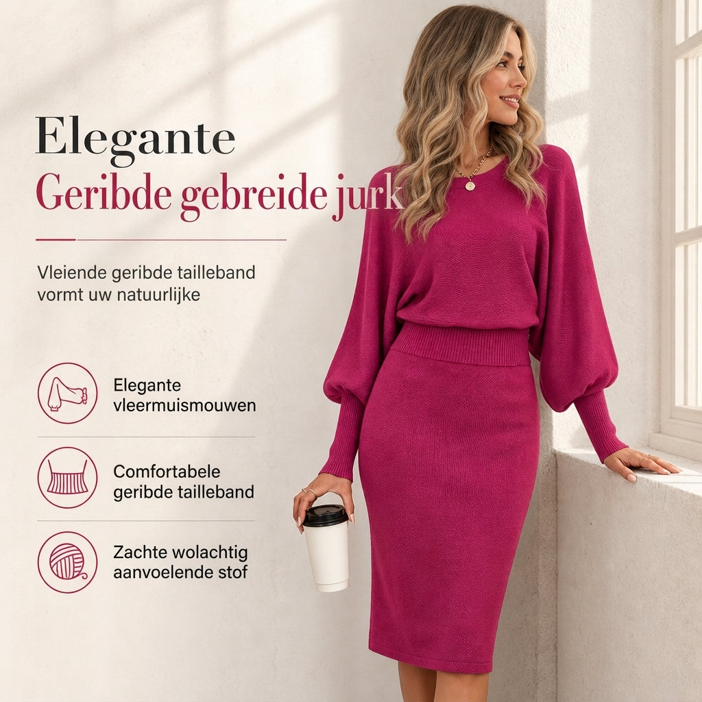 Elegante Geribde Gebreide Jurk met Vleermuismouwen