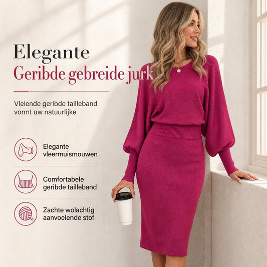 Elegante Geribde Gebreide Jurk met Vleermuismouwen