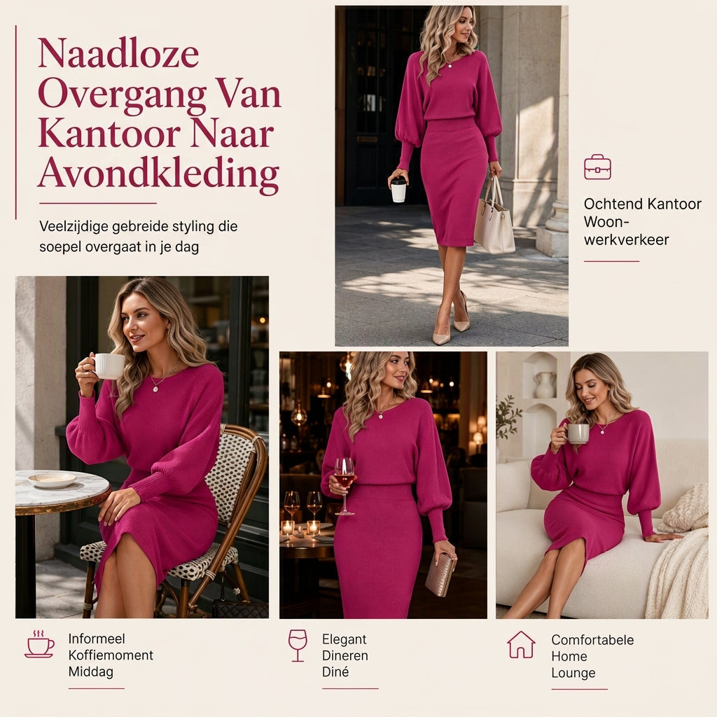 Elegante Geribde Gebreide Jurk met Vleermuismouwen-6