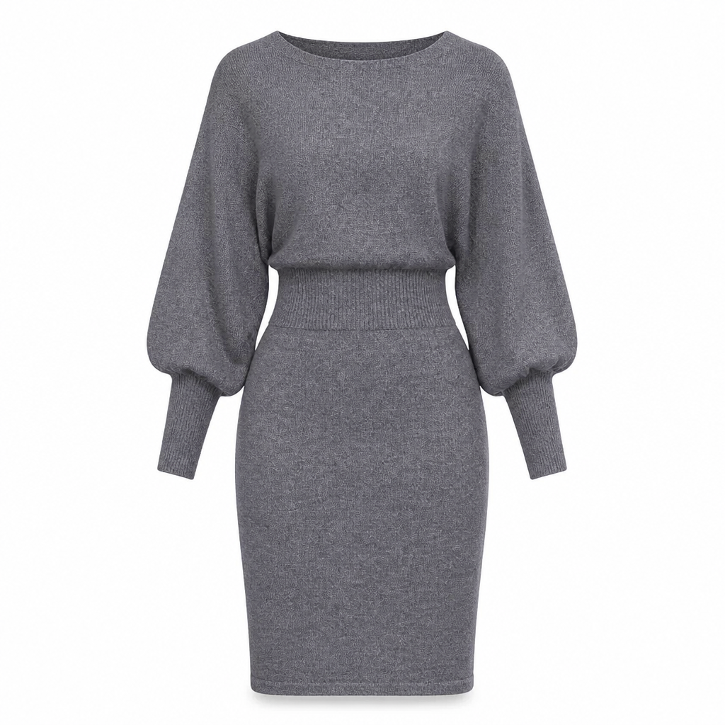 Elegante Geribde Gebreide Jurk met Vleermuismouwen-9
