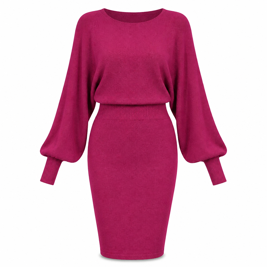 Elegante Geribde Gebreide Jurk met Vleermuismouwen-10