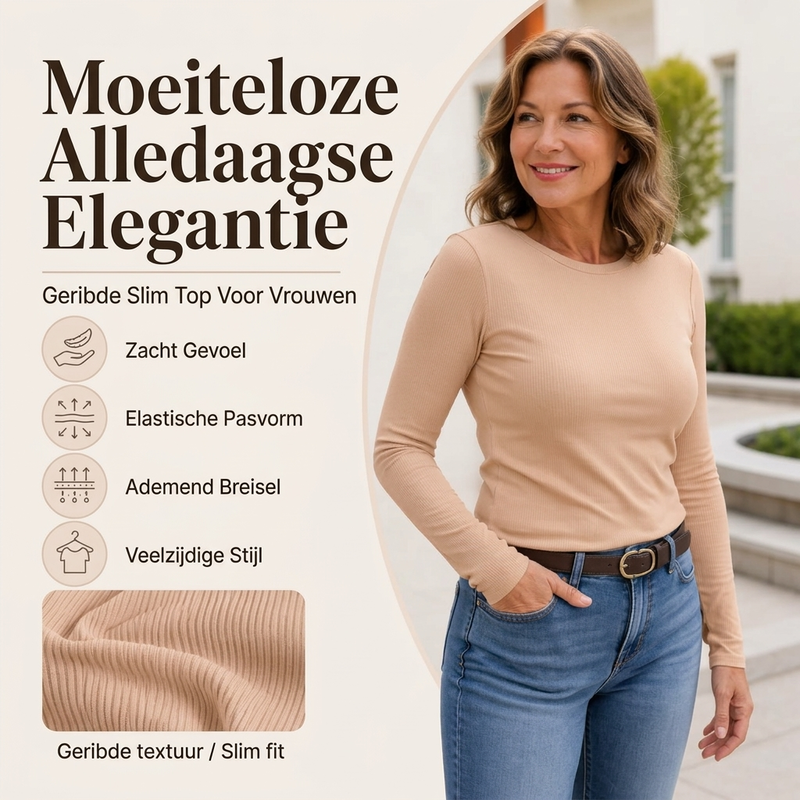 Geribde Slim-Fit Top met Lange Mouwen en Ronde Hals