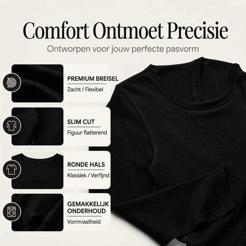 Geribde Slim-Fit Top met Lange Mouwen en Ronde Hals-1