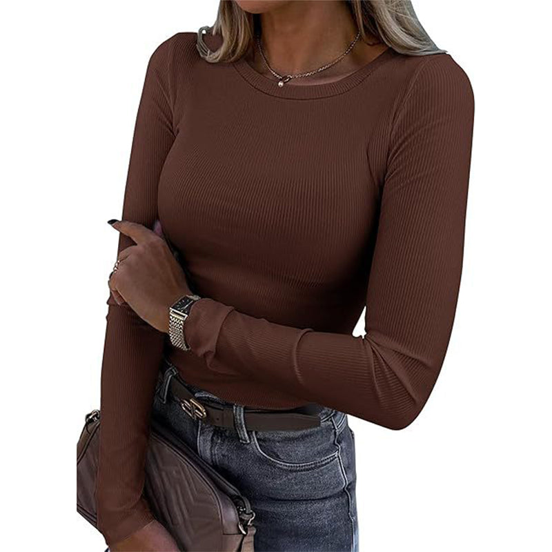 Geribde Slim-Fit Top met Lange Mouwen en Ronde Hals-12