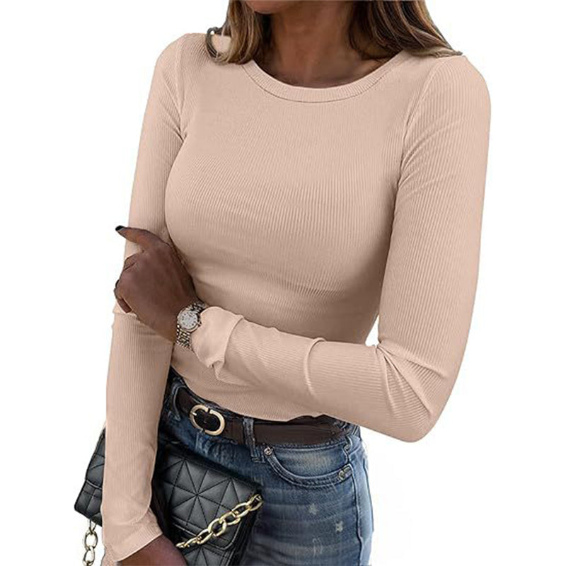 Geribde Slim-Fit Top met Lange Mouwen en Ronde Hals-14