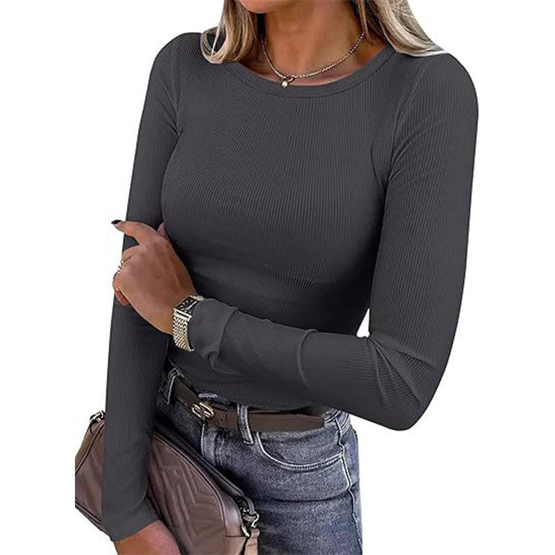 Geribde Slim-Fit Top met Lange Mouwen en Ronde Hals-15