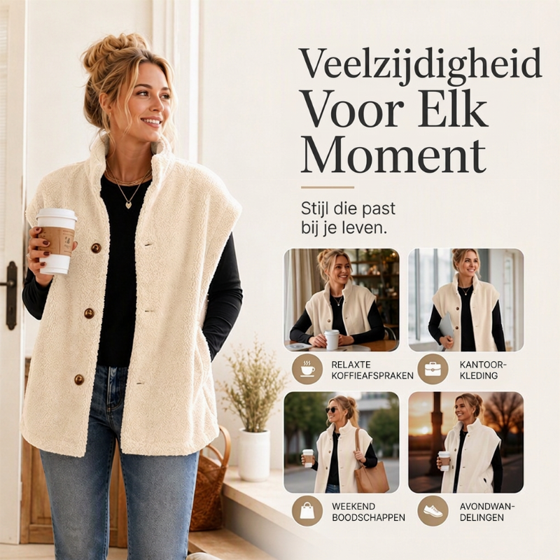 Zacht Teddy Gilet met Opstaande Kraag en Knoopsluiting-4