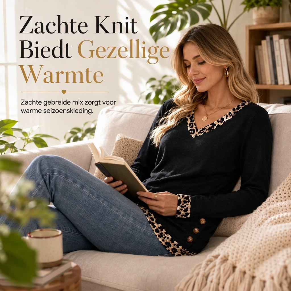Casual Trui met V-Hals en Luipaarddetails-3