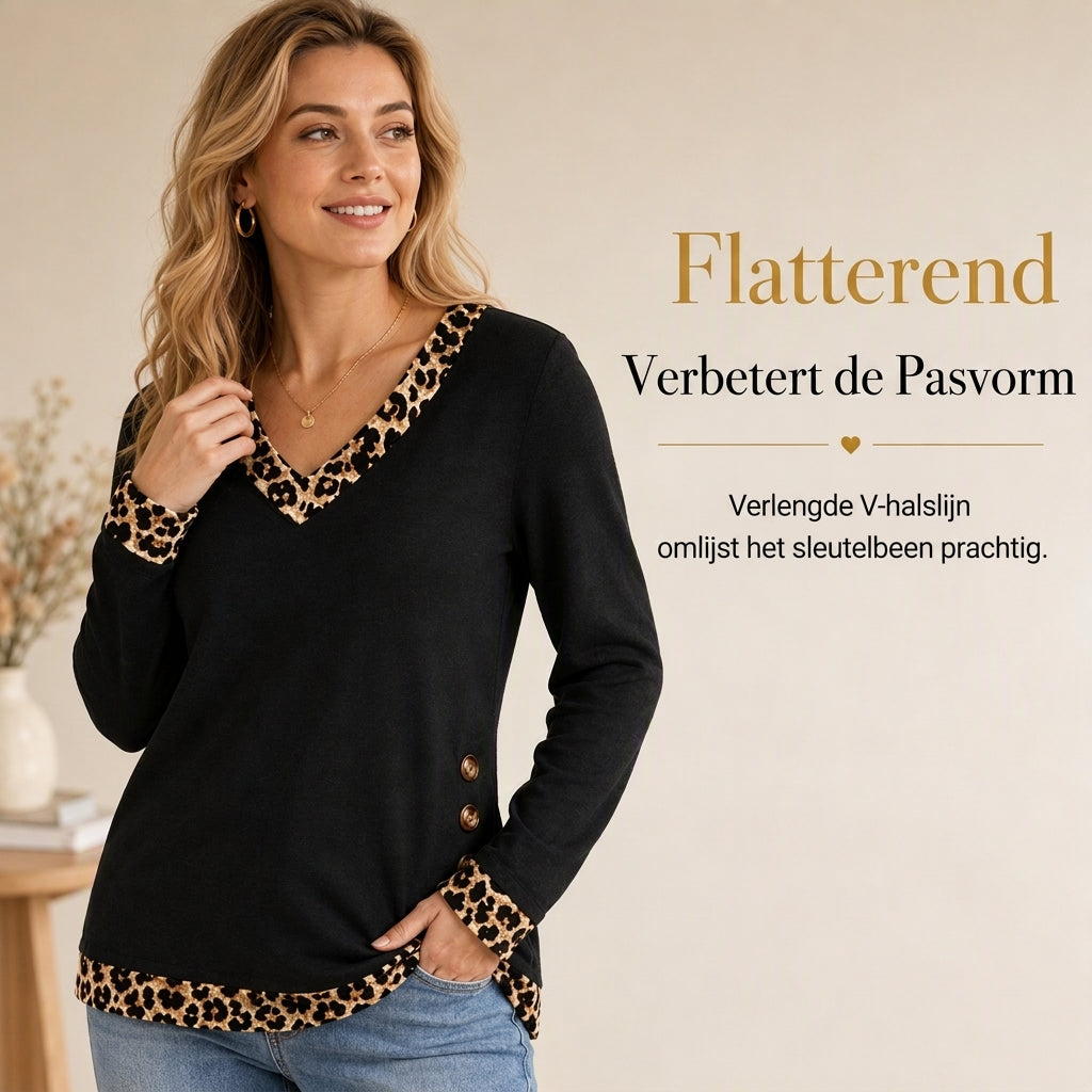 Casual Trui met V-Hals en Luipaarddetails-5