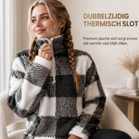 Zachte Geruite Teddy Trui met Halve Rits