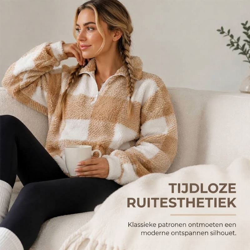 Zachte Geruite Teddy Trui met Halve Rits-1