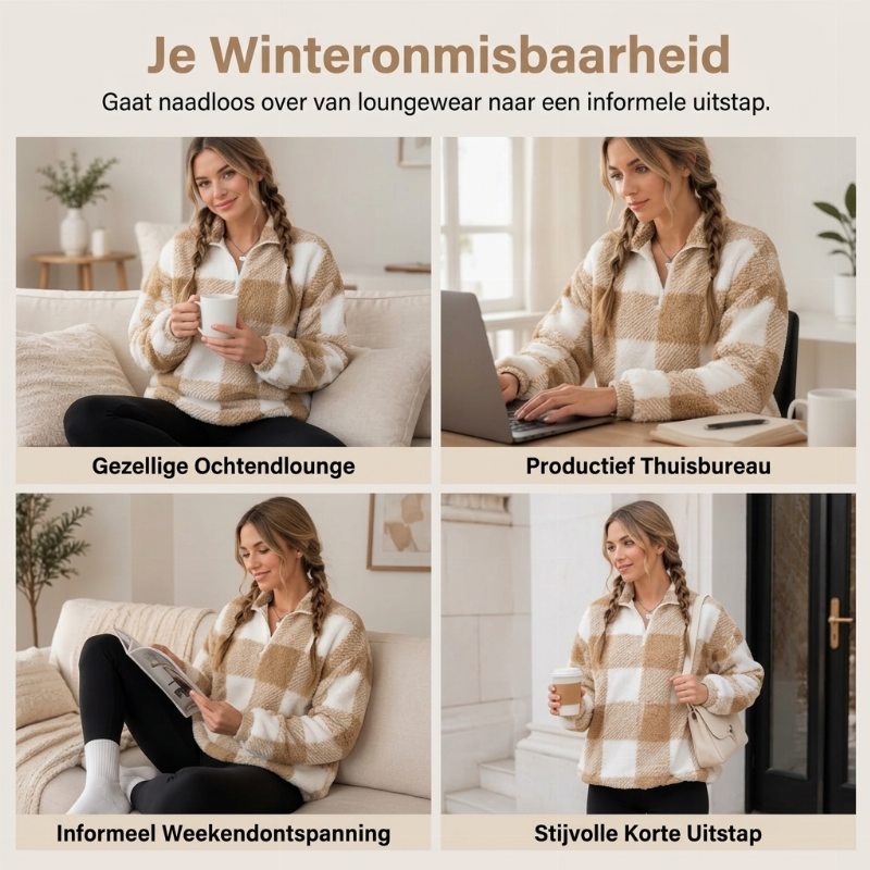 Zachte Geruite Teddy Trui met Halve Rits-4