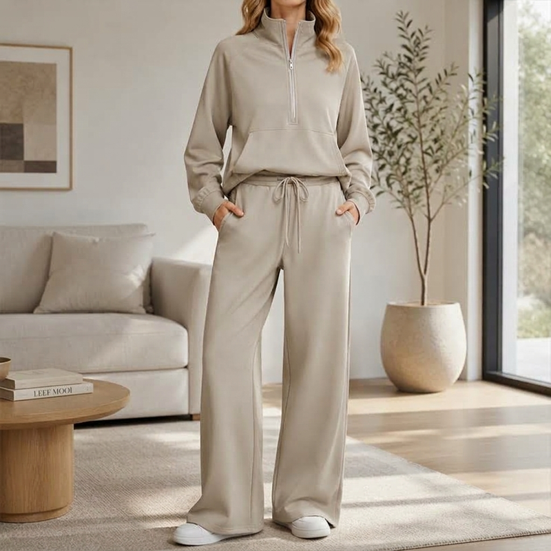 2-Delige Lounge Set met Half-Zip Top en Wijde Pijpen-5