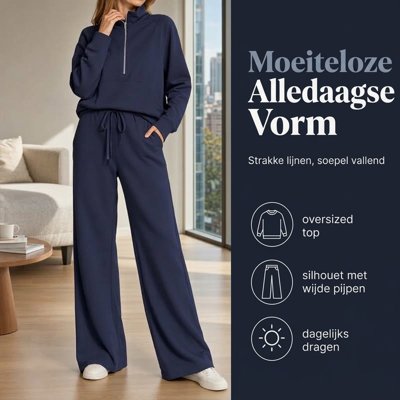 2-Delige Lounge Set met Half-Zip Top en Wijde Pijpen-4