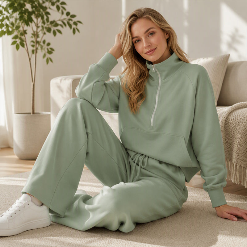 2-Delige Lounge Set met Half-Zip Top en Wijde Pijpen-3