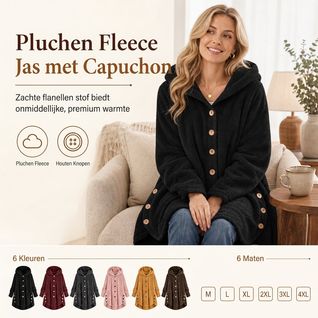 Pluchen Fleece Jas met Capuchon en Knoopsluiting