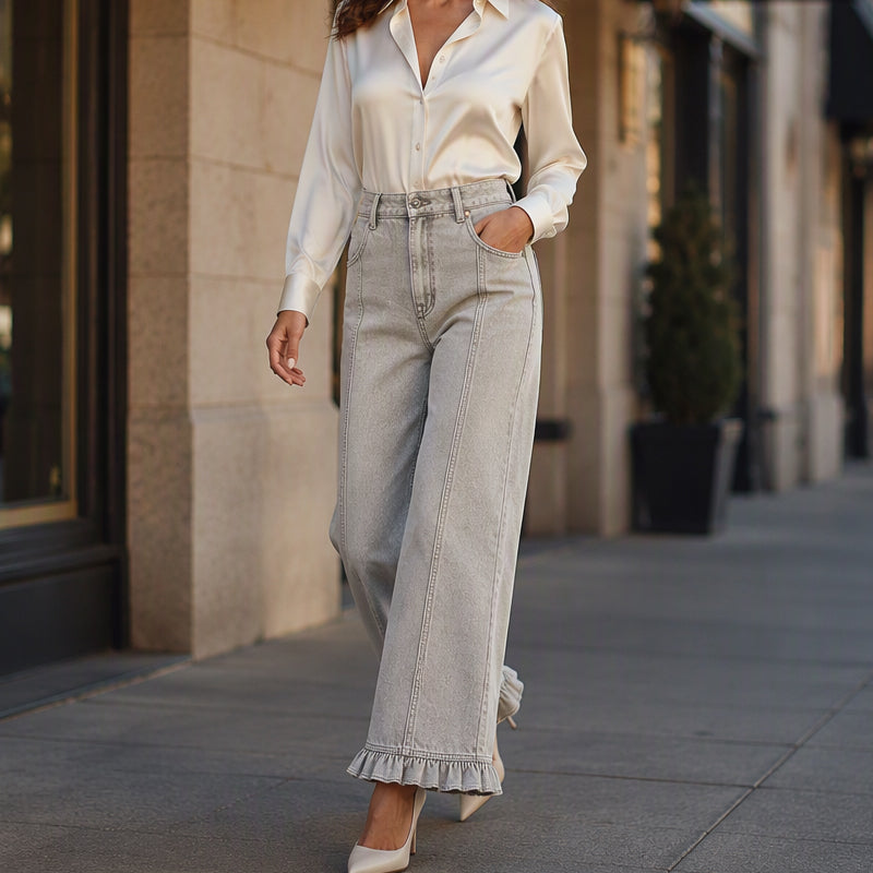 High-Waist Jeans met Wijde Pijpen en Ruches-7