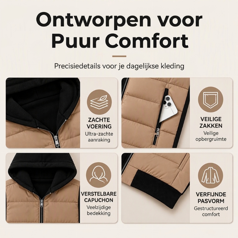 Gewatteerde Kleurblok Jas met Capuchon en Ritssluiting-1