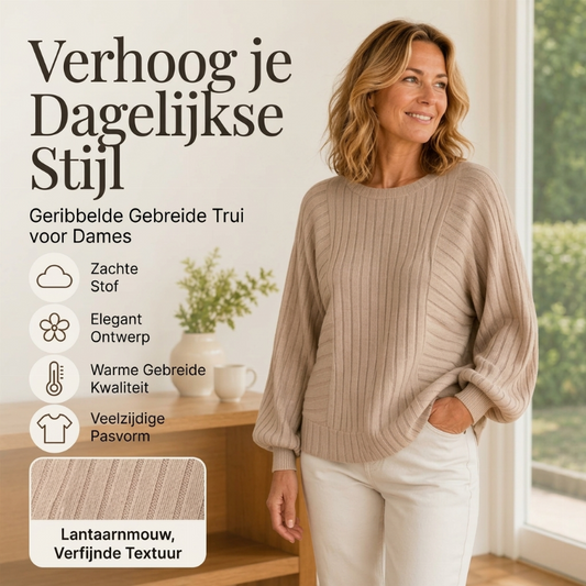 Geribde Gebreide Trui met Lantaarnmouwen