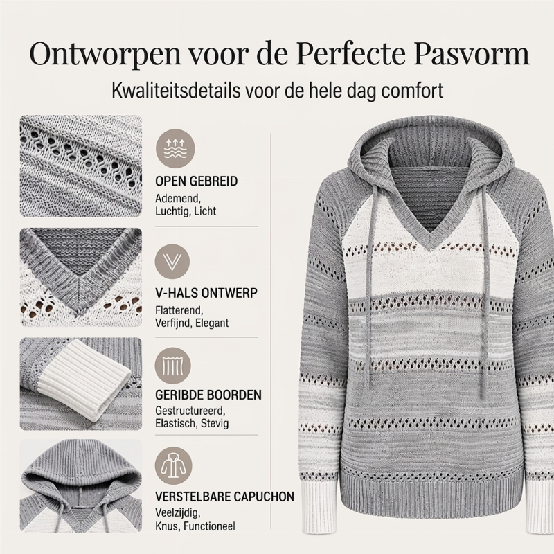 Opengebreide V-Hals Trui met Capuchon en Strependesign-1