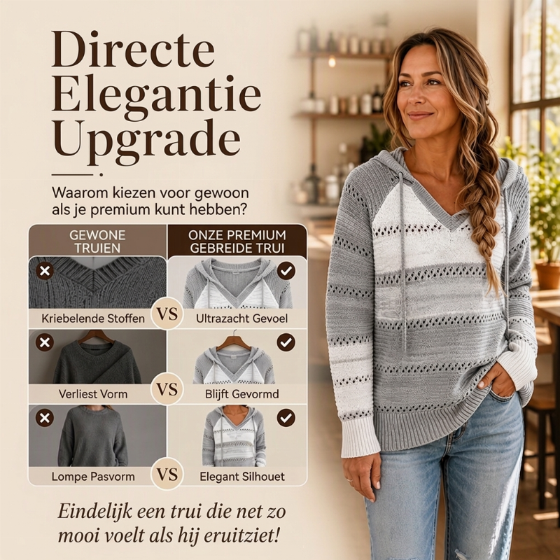 Opengebreide V-Hals Trui met Capuchon en Strependesign-2