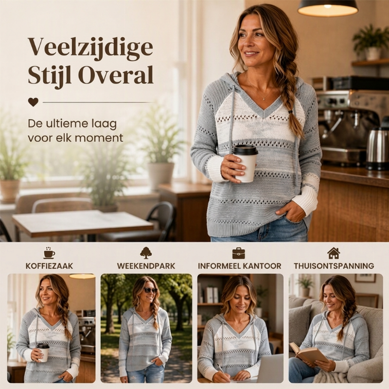 Opengebreide V-Hals Trui met Capuchon en Strependesign-4