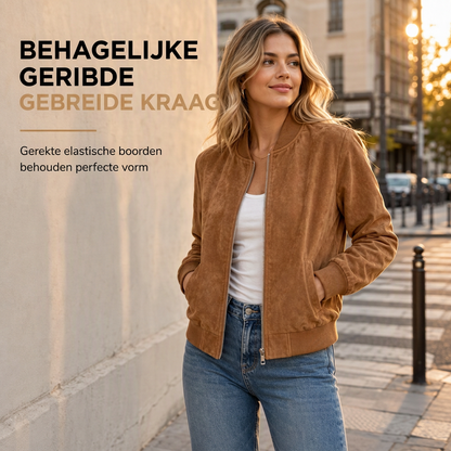 Suède-Look Bomberjack met Geribde Boorden en Ritssluiting