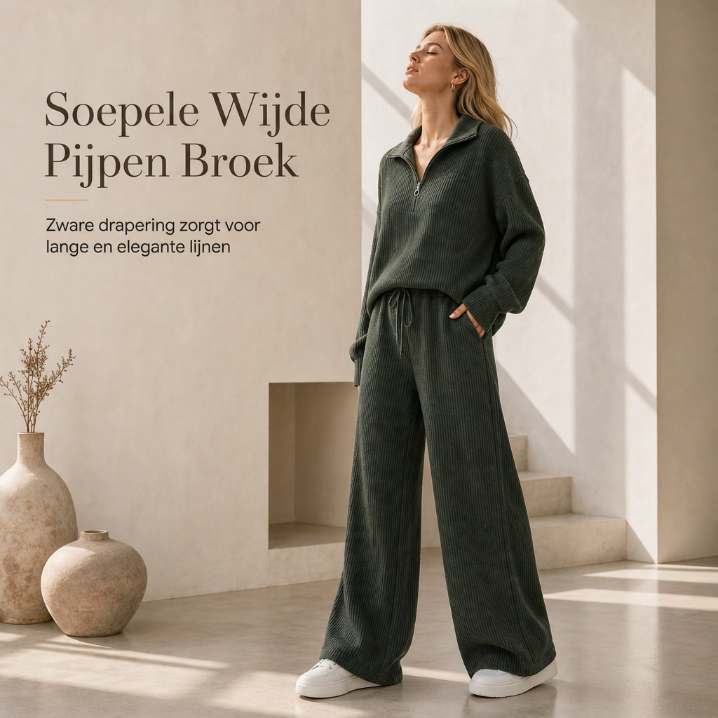 2-Delige Ribgebreide Lounge Set met Halve Rits en Wijde Pijpen-3