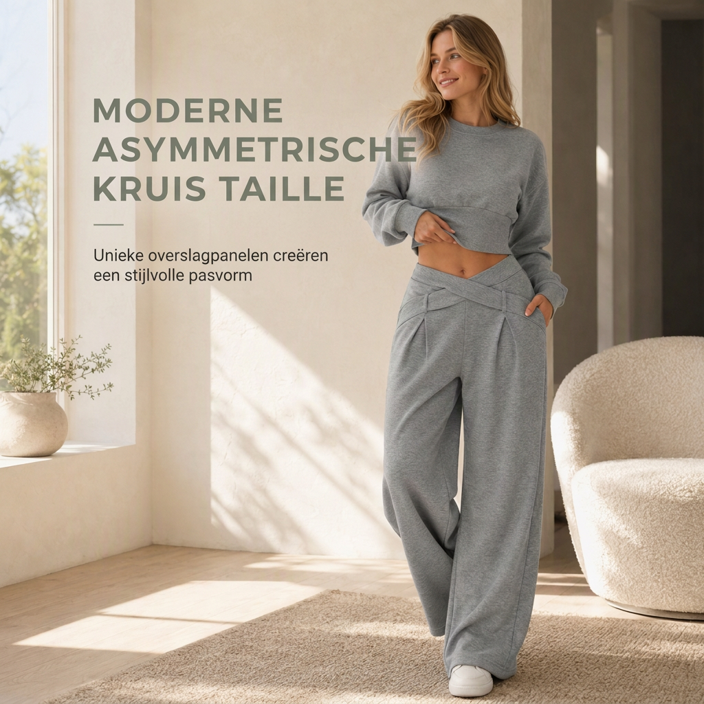 Chique 2-Delige Lounge Set met Asymmetrische Taille en Wijde Pijpen-2