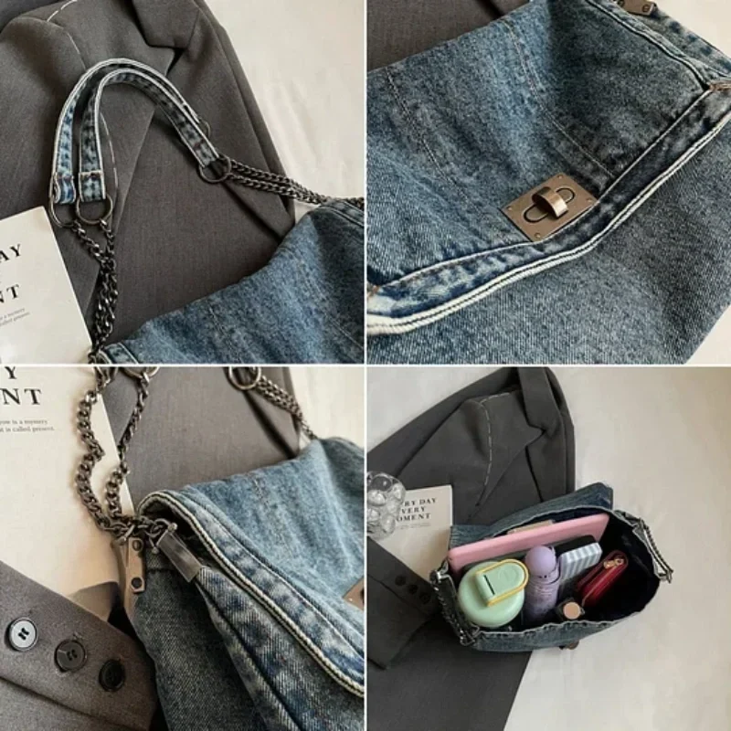 Vintage Denim Schoudertas met Kettingriem en Draaisluiting-3